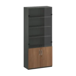 Bibliothèque placage bois/mélaminé FrameOne II Manager - h. 229 x 100 cm - 5 tablet. - bas portes batt. haut verre