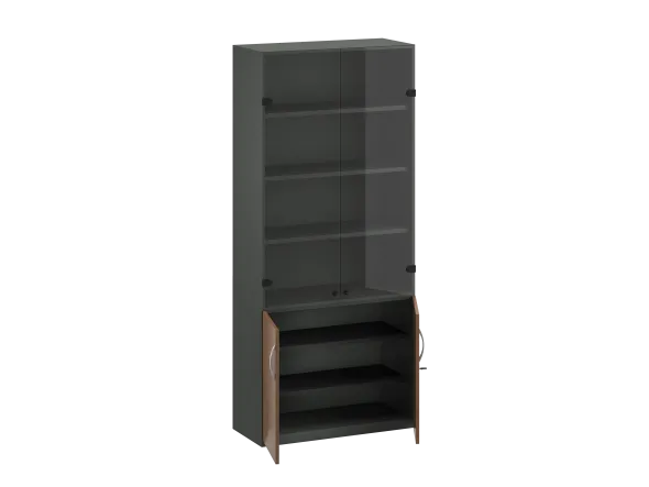 Bibliothèque placage bois/mélaminé FrameOne II Manager - h. 229 x 100 cm - 5 tablet. - bas portes batt. haut verre