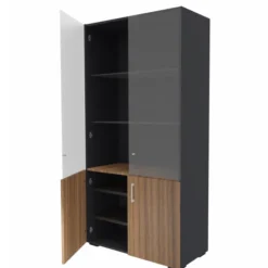 Bibliothèque placage bois/mélaminé Epure Manager - h. 197 x l. 100 cm - 4 tablettes - portes battantes haut vitré