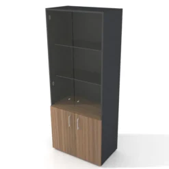 Bibliothèque placage bois/mélaminé Epure Manager - h. 197 x l. 80 cm - 4 tablettes - portes battantes haut vitré