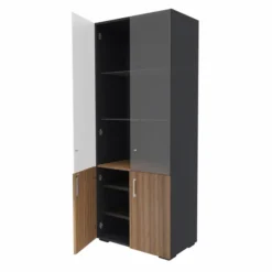 Bibliothèque placage bois/mélaminé Epure Manager - h. 197 x l. 80 cm - 4 tablettes - portes battantes haut vitré