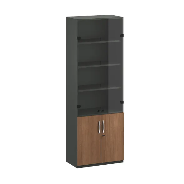 Bibliothèque placage bois/mélaminé FrameOne II Manager - h. 229 x 80 cm - 5 tablet. - bas portes batt. haut verre