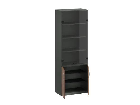 Bibliothèque placage bois/mélaminé FrameOne II Manager - h. 229 x 80 cm - 5 tablet. - bas portes batt. haut verre