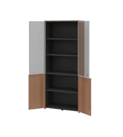 Bibliothèque placage bois X-Time Wood - h. 217 x l. 92 cm - haut vitrée 2 tablettes et bas portes battantes 1 tablette