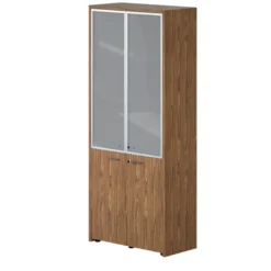Bibliothèque placage bois X-Time Wood - h. 217 x l. 92 cm - haut vitrée 2 tablettes et bas portes battantes 1 tablette