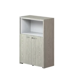 Bibliothèque placage bois X-Time Wood - h. 134 x l. 92 cm - haut ouvert et bas portes battantes - 1 tablette