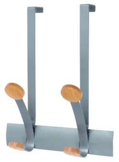 Bi-patère de porte Alba - supporte 20 kg - argenté et bois clair