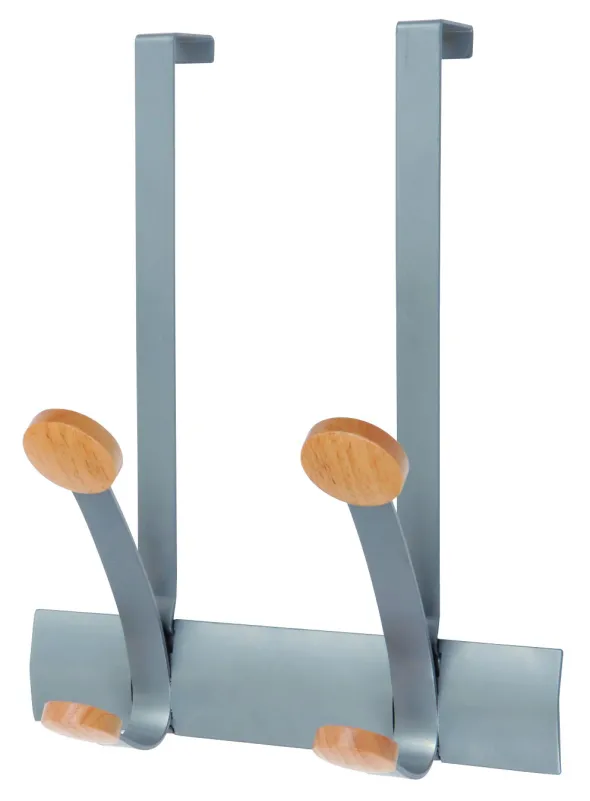 Bi-patère de porte Alba - supporte 20 kg - argenté et bois clair