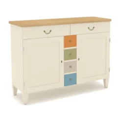 Buffet 2 portes 2 tiroirs Quinquina - l. 142 x h. 102 x pr. 58 cm - hêtre massif beige bouleau - plateau stratifié