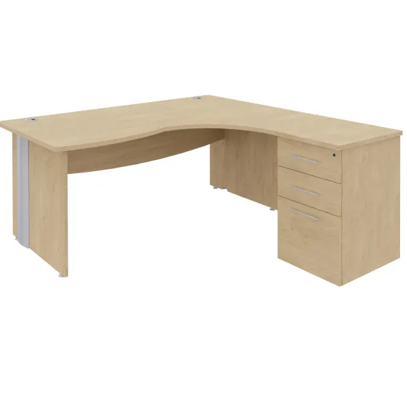 Bureau 90° asymétrique Majesty - l. 180 x l. 120 x pr. 80-60 cm + caisson h. bureau - 3 tiroirs - pieds panneaux