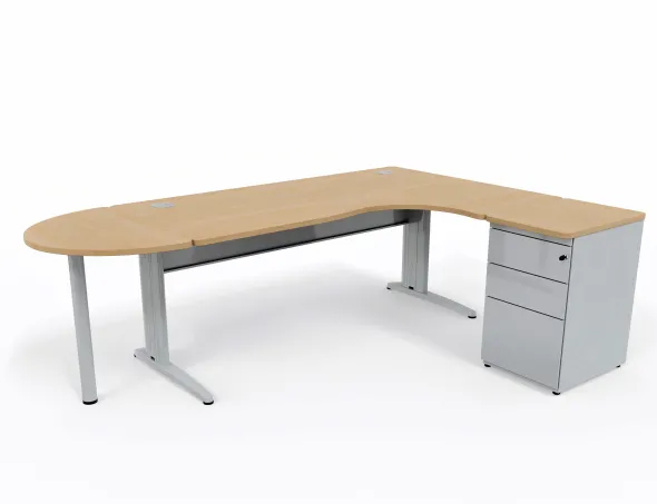 Bureau compact 90° asymétrique Corial - l. 180 x l. 120 x pr 80-60 cm + convivialité demi-lune + caisson h. bureau retour