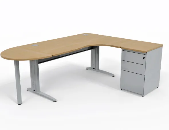 Bureau compact 90° asymétrique Corial - l. 160 x l. 120 x pr 80-60 cm + convivialité demi-lune + caisson h. bureau retour