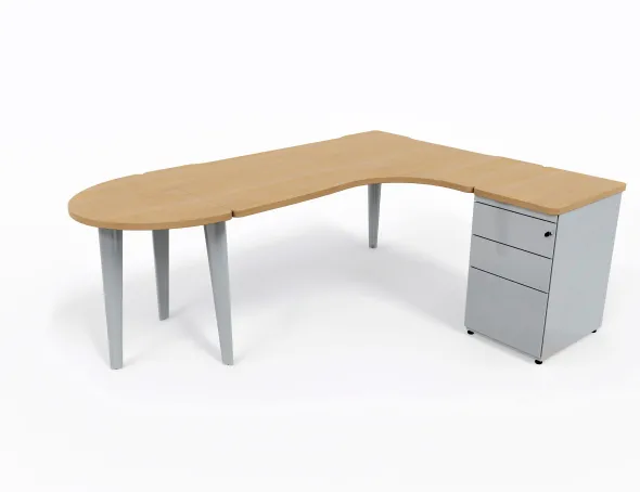 Bureau compact 90° asymétrique Evidence - l. 160 x l. 120 x pr. 80-60 cm + convivialité demi-lune + caisson h. bureau