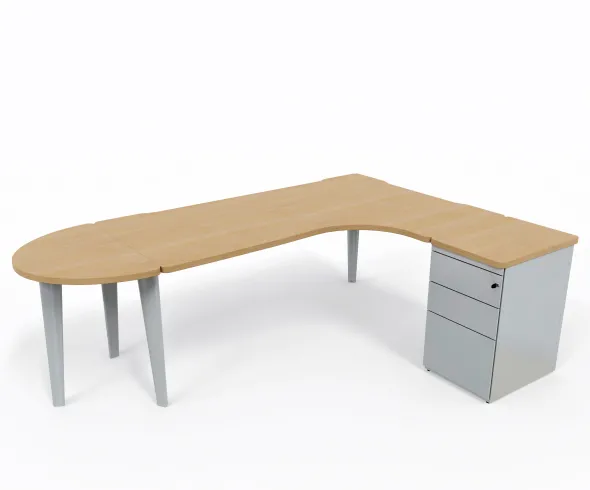 Bureau compact 90° asymétrique Evidence - l. 180 x l. 120 x pr. 80-60 cm + convivialité demi-lune + caisson h. bureau