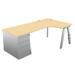 Bureau compact 90° asymétrique Fusion - l. 160 x l. 120 x pr. 80-66 cm + caisson façade métallique - 4 pieds