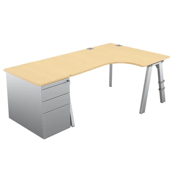 Bureau compact 90° asymétrique Fusion - l. 160 x l. 120 x pr. 80-66 cm + caisson façade métallique - 4 pieds