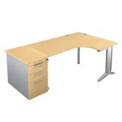 Bureau compact 90° asymétrique Fusion - l. 160 x l. 120 x pr. 80-66 cm + caisson façade mélaminé - pieds C