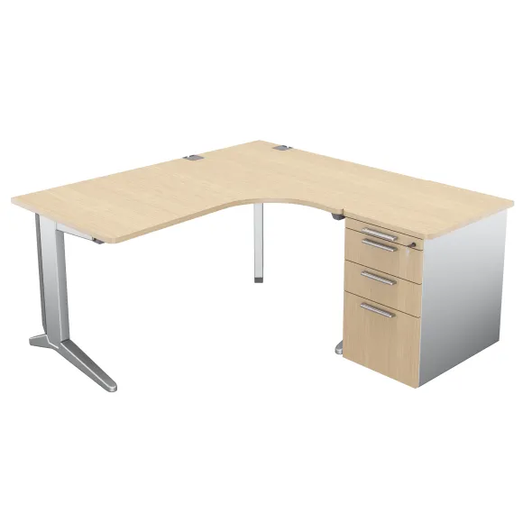 Bureau compact 90° asymétrique Fusion - l. 160 x l. 120 x pr. 80-66 cm + caisson sur retour façade mélaminé - pieds C
