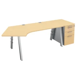 Bureau compact 120° asymétrique Fusion - l. 160 x l. 80 x pr. 80-66 cm + caisson façade mélaminé - 4 pieds