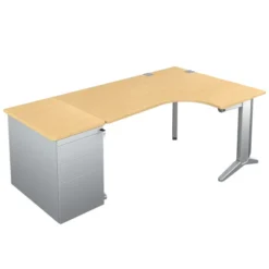 Bureau compact 90° asymétrique Fusion - l. 160 x l. 120 x pr. 80-66 cm + caisson façade métallique - pieds C