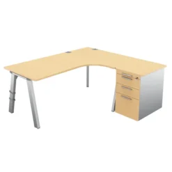 Bureau compact 90° asymétrique Fusion - l. 180 x l. 120 x pr. 80-66 cm + caisson sur retour façade mélaminé - 4 pieds