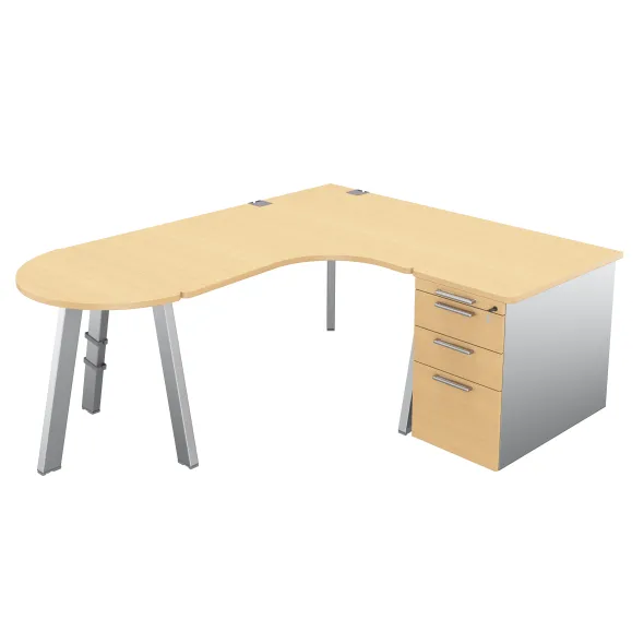 Bureau compact 90° asymétrique Fusion - l. 160 x l. 120 x pr. 80-80 cm + caisson mélaminé + convivialité - 4 pieds