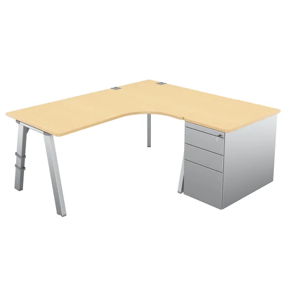 Bureau compact 90° asymétrique Fusion - l. 180 x l. 120 x pr 80-80 cm + caisson sur retour façade métallique - 4 pieds
