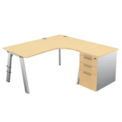Bureau compact 90° asymétrique Fusion - l. 160 x l. 120 x pr. 80-66 cm + caisson sur retour façade mélaminé - 4 pieds
