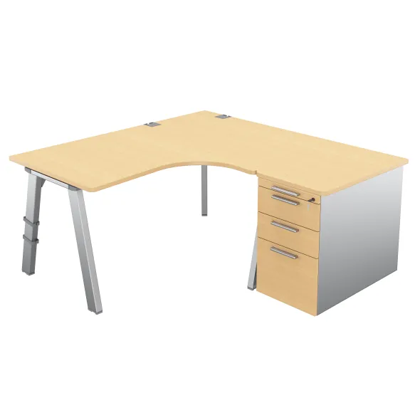 Bureau compact 90° asymétrique Fusion - l. 160 x l. 120 x pr. 80-80 cm + caisson sur retour façade mélaminé - 4 pieds