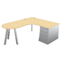 Bureau compact 90° asymétrique Fusion - l. 160 x l. 120 x pr. 80-80 cm + caisson façade métal + convivialité - 4 pieds