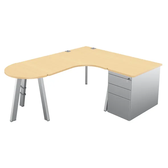 Bureau compact 90° asymétrique Fusion - l. 160 x l. 120 x pr. 80-80 cm + caisson façade métal + convivialité - 4 pieds