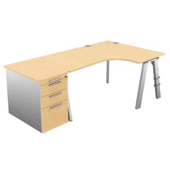 Bureau compact 90° asymétrique Fusion - l. 160 x l. 120 x pr. 80-66 cm + caisson façade mélaminé - 4 pieds