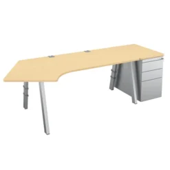 Bureau compact 120° asymétrique Fusion - l. 160 x l. 80 x pr. 80-66 cm + caisson façade métallique - 4 pieds