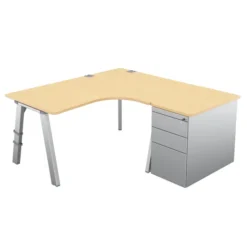 Bureau compact 90° asymétrique Fusion - l. 160 x l. 120 x pr 80-80 cm + caisson sur retour façade métallique - 4 pieds