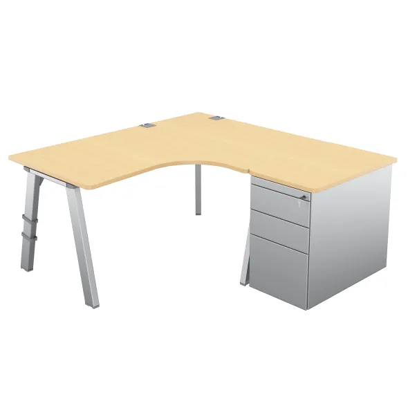 Bureau compact 90° asymétrique Fusion - l. 160 x l. 120 x pr 80-80 cm + caisson sur retour façade métallique - 4 pieds