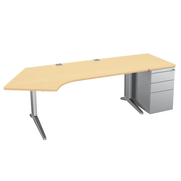 Bureau compact 120° asymétrique Fusion - l. 160 x l. 80 x pr. 80-66 cm + caisson façade métallique - pieds C