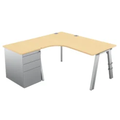 Bureau compact 90° asymétrique Fusion - l. 160 x l. 120 x pr 80-66 cm + caisson sur retour façade métallique - 4 pieds