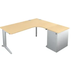 Bureau compact 90° asymétrique Fusion - l. 180 x l. 120 x pr 80-66 cm + caisson sur retour façade métallique - pieds C
