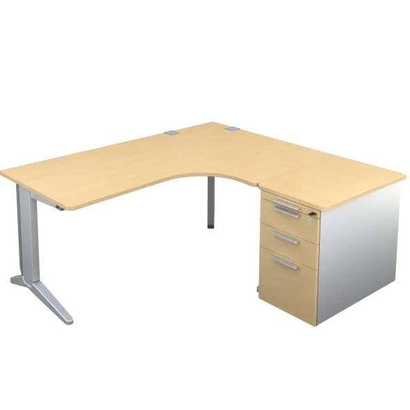 Bureau compact 90° asymétrique Fusion - l. 180 x l. 120 x pr. 80-80 cm + caisson sur retour façade mélaminé - pieds C