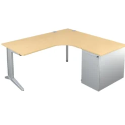 Bureau compact 90° asymétrique Fusion - l. 180 x l. 120 x pr 80-80 cm + caisson sur retour façade métallique - pieds C