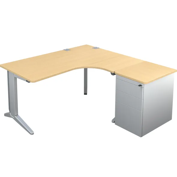 Bureau compact 90° asymétrique Fusion - l. 160 x l. 120 x pr 80-66 cm + caisson sur retour façade métallique - pieds C