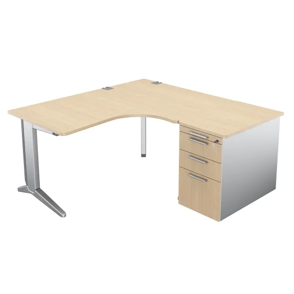 Bureau compact 90° asymétrique Fusion - l. 160 x l. 120 x pr. 80-80 cm + caisson sur retour façade mélaminé - pieds C