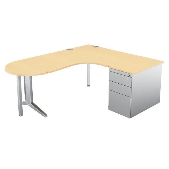 Bureau compact 90° asymétrique Fusion - l. 160 x l. 120 x pr 80-80 cm + caisson métal + convivialité demi-lune - pieds C