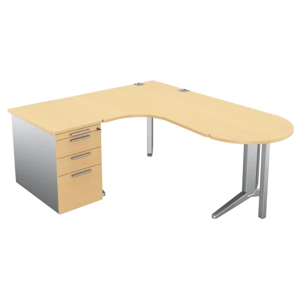 Bureau compact 90° asymétrique Fusion - l. 160 x l. 120 x pr 80-80 cm + caisson mélaminé convivialité demi-lune - pieds C