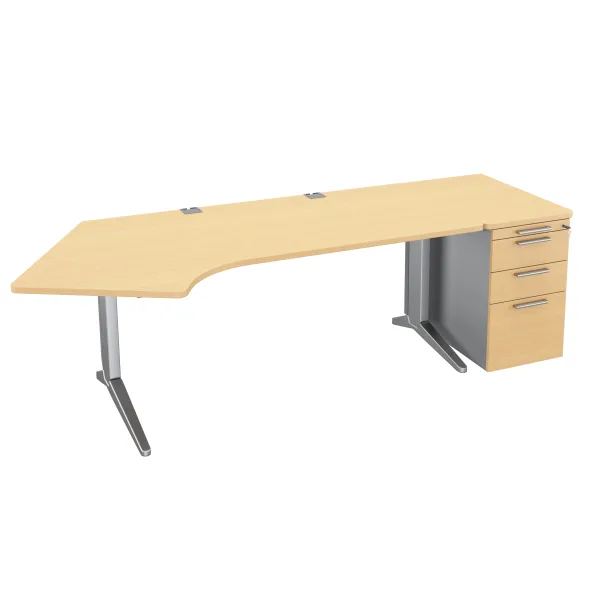 Bureau compact 120° asymétrique Fusion - l. 160 x l. 80 x pr. 80-66 cm + caisson façade mélaminé - pieds C
