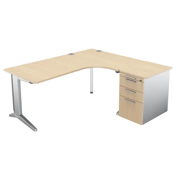 Bureau compact 90° asymétrique Fusion - l. 180 x l. 120 x pr. 80-66 cm + caisson sur retour façade mélaminé - pieds C