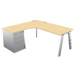 Bureau compact 90° asymétrique Fusion - l. 180 x l. 120 x pr 80-66 cm + caisson sur retour façade métallique - 4 pieds
