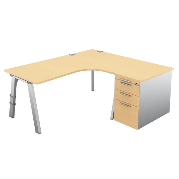 Bureau compact 90° asymétrique Fusion - l. 180 x l. 120 x pr. 80-80 cm + caisson sur retour façade mélaminé - 4 pieds