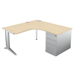 Bureau compact 90° asymétrique Fusion - l. 160 x l. 120 x pr 80-80 cm + caisson sur retour façade métallique - pieds C