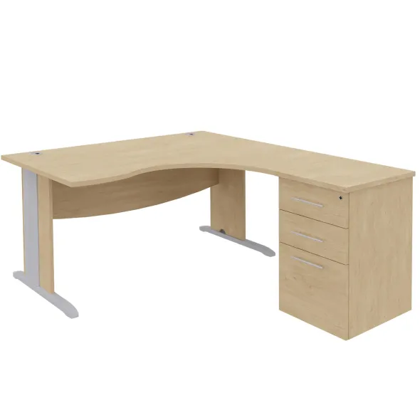 Bureau compact 90° asymétrique Majesty - l.160 x l.120 x pr. 80-60 cm + caisson h. bureau - piétement dégagement latéral